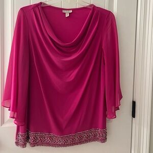 Elegant Pink Women's Top with Beaded Hem: beautiful with black pants or skirt